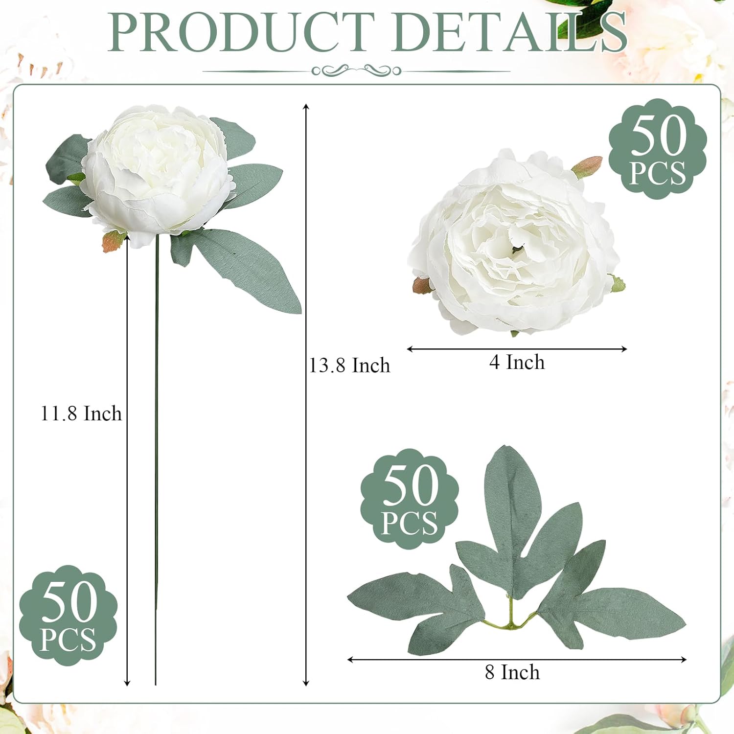 50Pcs Artificial Peonies Flowers Bulk, 4’’ White Peonies Fake Flowers Heads for Table, Faux Silk Peony Arrangements for Wedding, Valentine, Engagement, Office, Coffee, Dining Decorations