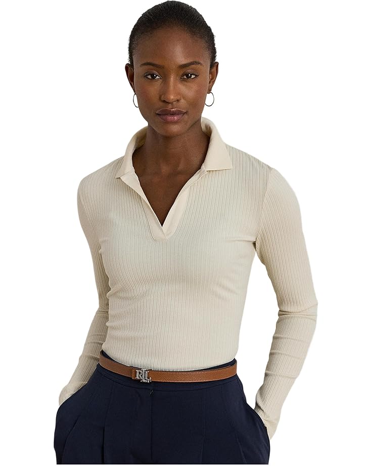 Lauren Ralph Lauren Rib-Knit Long-Sleeve Polo Top - Main View