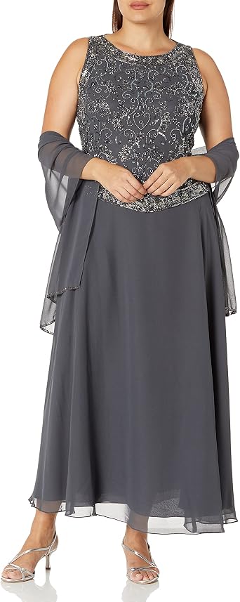 J Kara Women's Plus-Size Beaded Gown with Scarf Plus