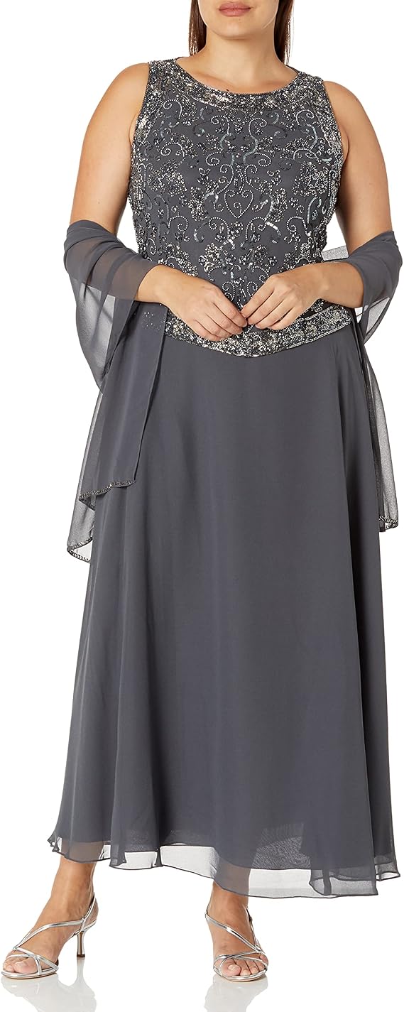 J Kara Women's Plus-Size Beaded Gown with Scarf Plus