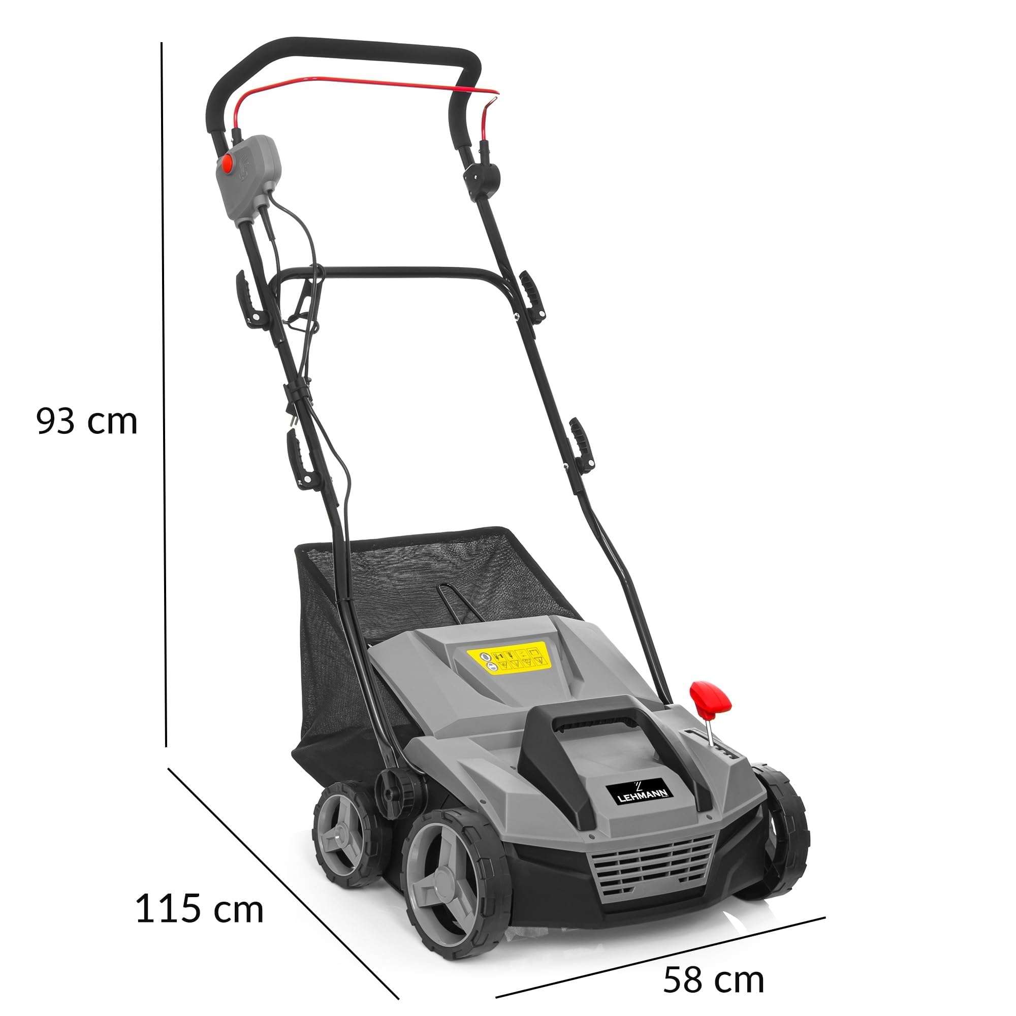 LEHMANN Teasel Scarificatore Arieggiatore Elettrico 2-in-1, 1800 W, Larghezza Lavoro 38 cm, 5 Livelli, 3500 giri/min, Cesto 48 L, Grigio