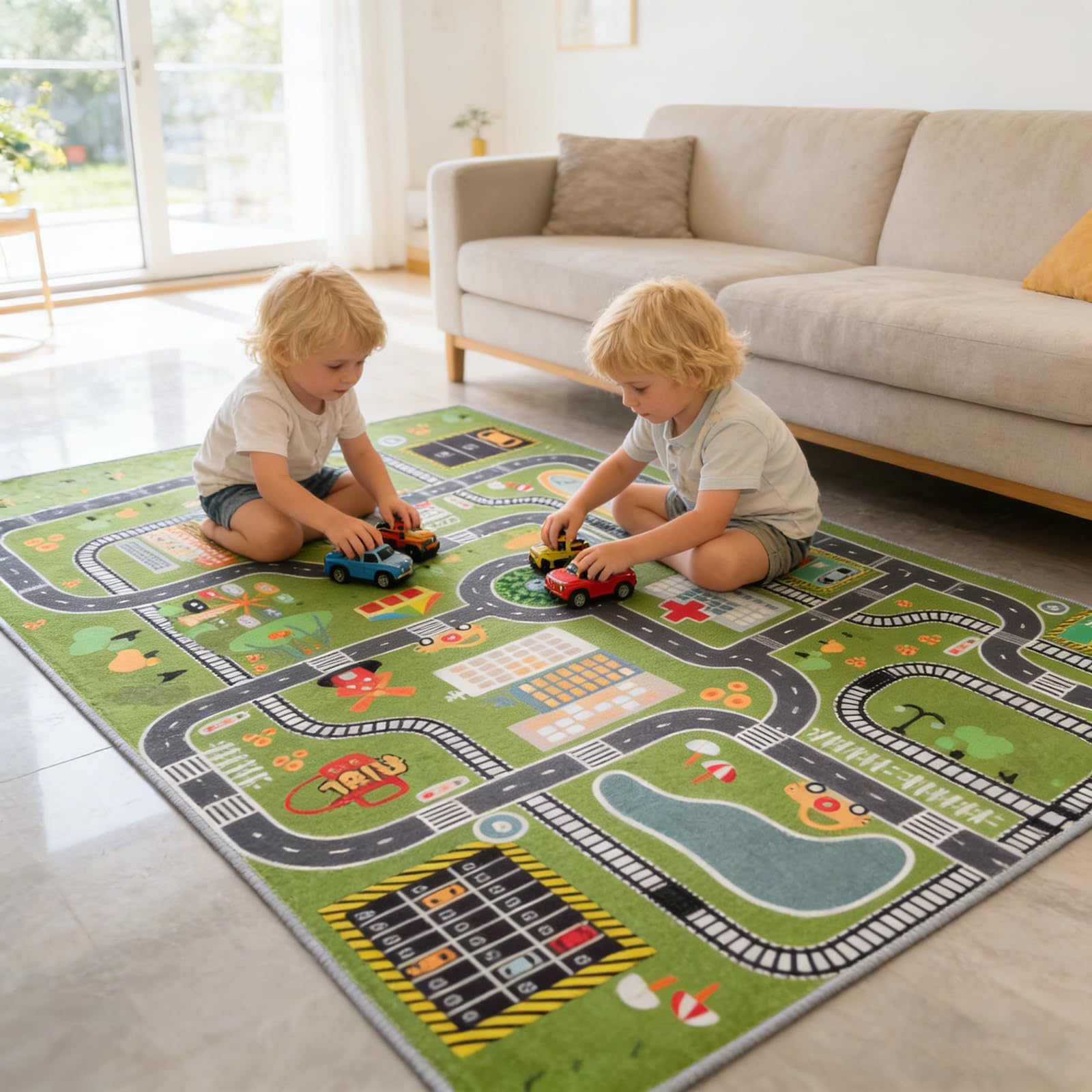 Tapis de Jeu éducatif Plan de Ville, Tapis de Sol épais et rembourré pour Chambre de garçon, Tapis d'apprentissage interactif avec stationnement et Panneaux de signalisation