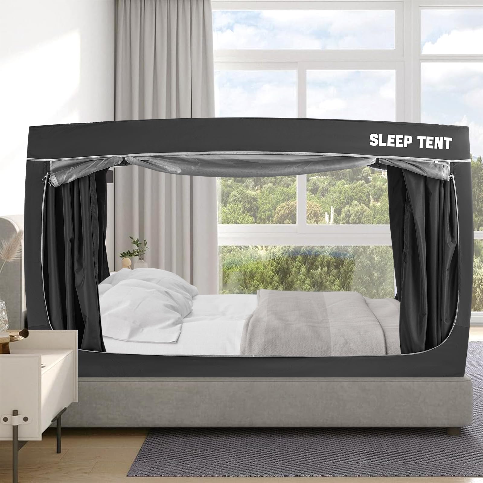 BORNA Bed Tent with Mosquito Protection, Twin Size, Indoor Portable, 80% Blackout, Breathable Privacy, Big Space with 4 Doors