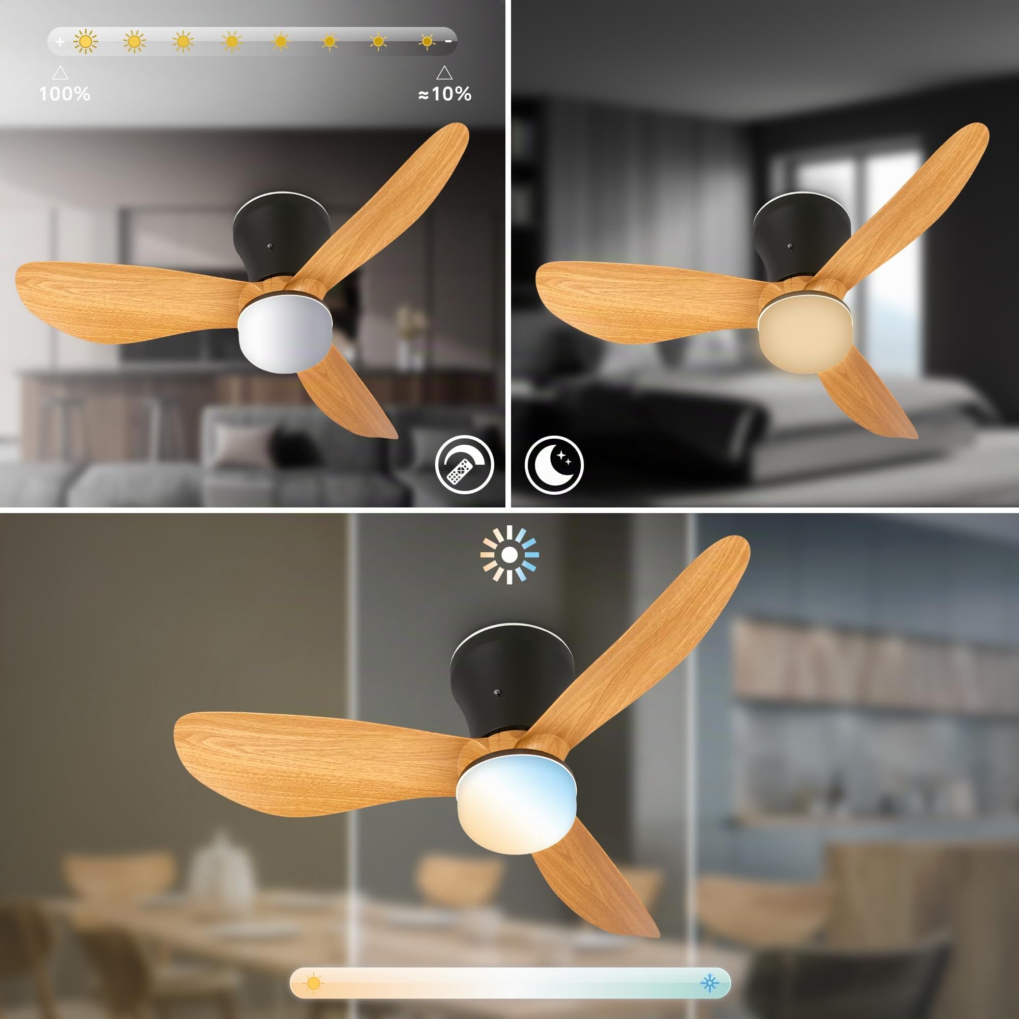 BRILONER - Plafonnier ventilateur de plafond LED avec éclairage, télécommande, moteur DC silencieux à 3 vitesses, CCT et intensité réglable, pales amovibles, plafonnier ventilateur, 78 cm, noir bois