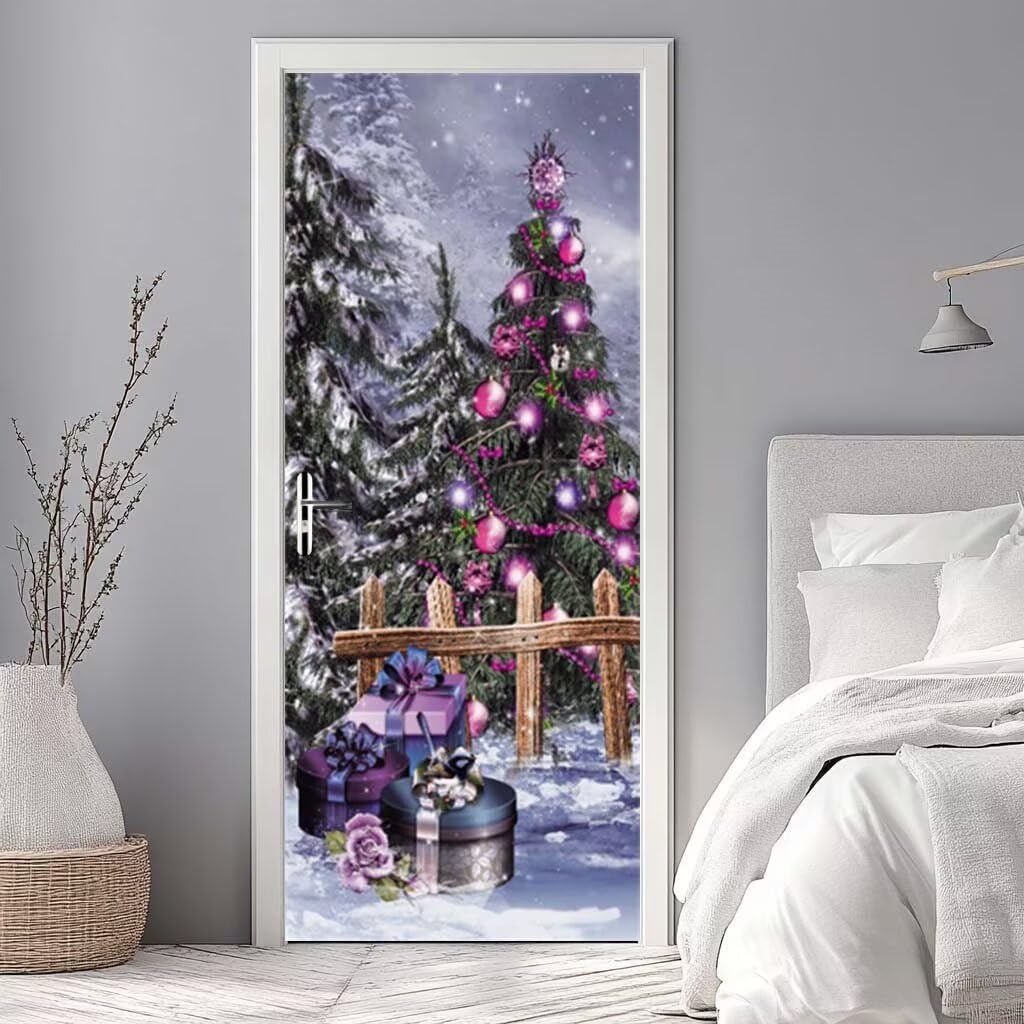 Vinilos Puertas 3D Vacaciones Árbol De Navidad Pegatinas Decorativas de Puerta Pegatina Pared Murales Adhesivo para Puerta para Interiores Dormitorio Bano Decoración del Hogar Regalo 95X215cm -MT2108