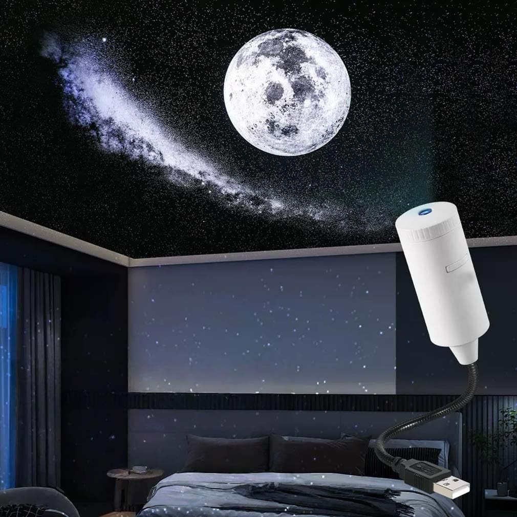 Plug-and-Play HD Star Projecto, 2-in-1 Star Projector Night Light, 360° Flexible Angle Control, 2 Replaceable Slides, USB Powered Mini LED Projection Lamp for Bedroom Ceiling Wall Room Decor (White)