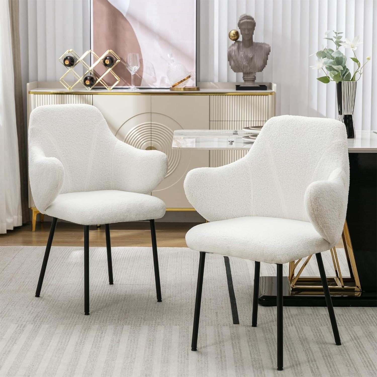 White Dining Chairs Set of 2, Modern Boucle Dining Room Chairs with Arms