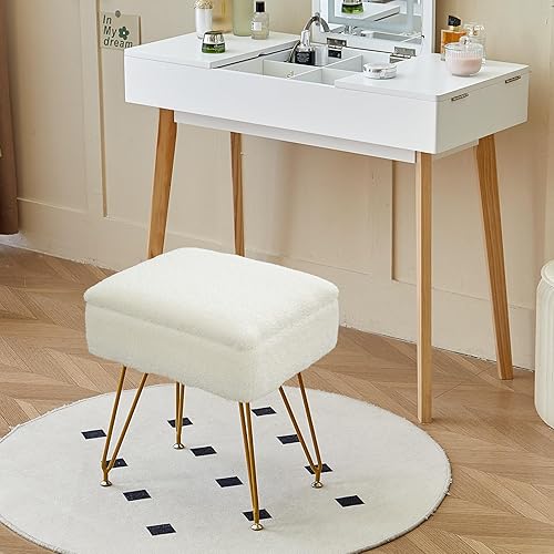 Miniatura 6 de BMWEI Taburete de tocador, otomana de almacenamiento rectangular, reposapiés, silla de piel sintética suave, mesa auxiliar lateral pequeña, patas de