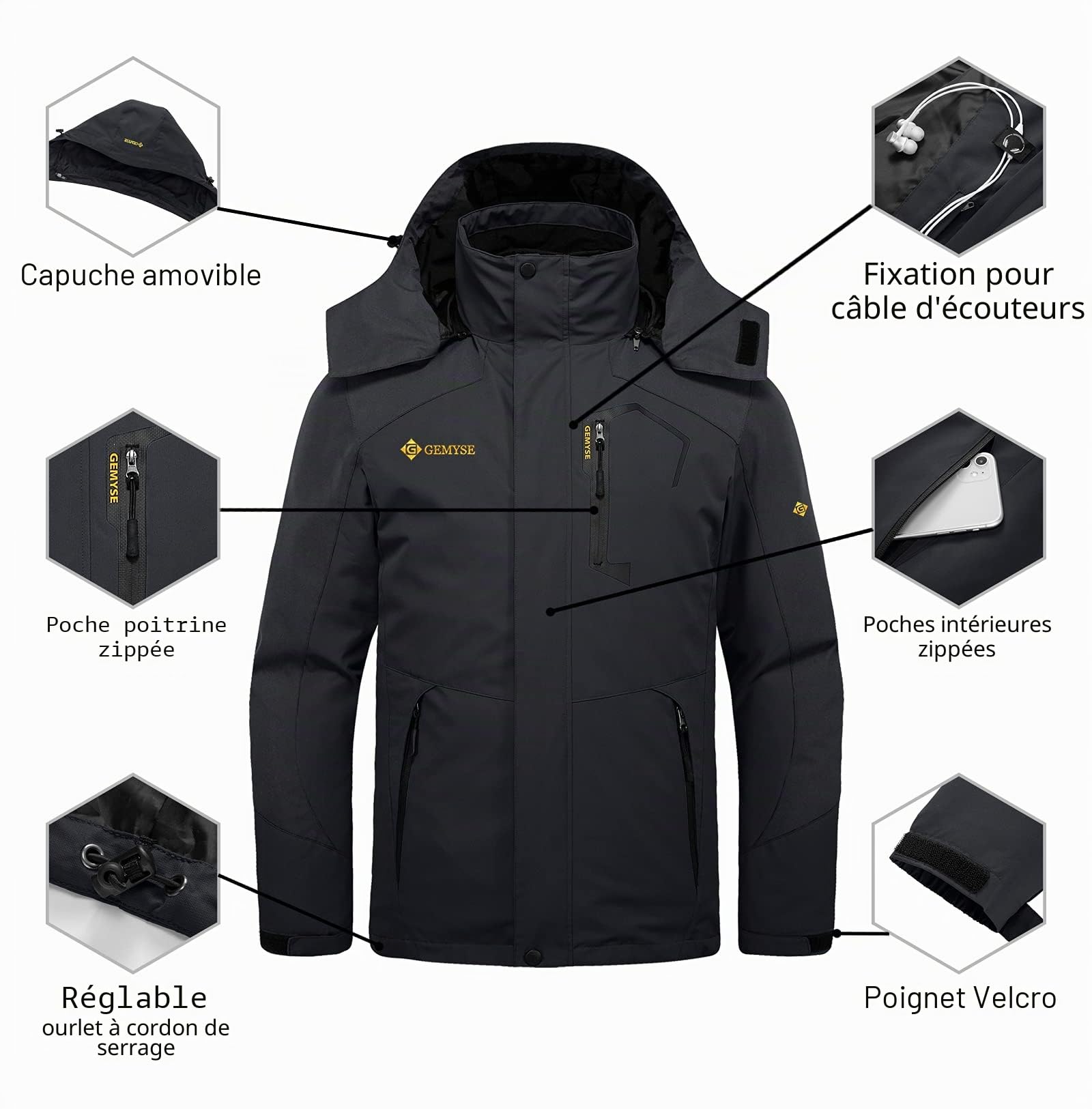 GEMYSE Veste de Ski Homme 3 en 1 avec Doublure Amovible Imperméable Coupe-Vent Respirante avec Capuche Manteau Chaud Hiver pour Randonnée