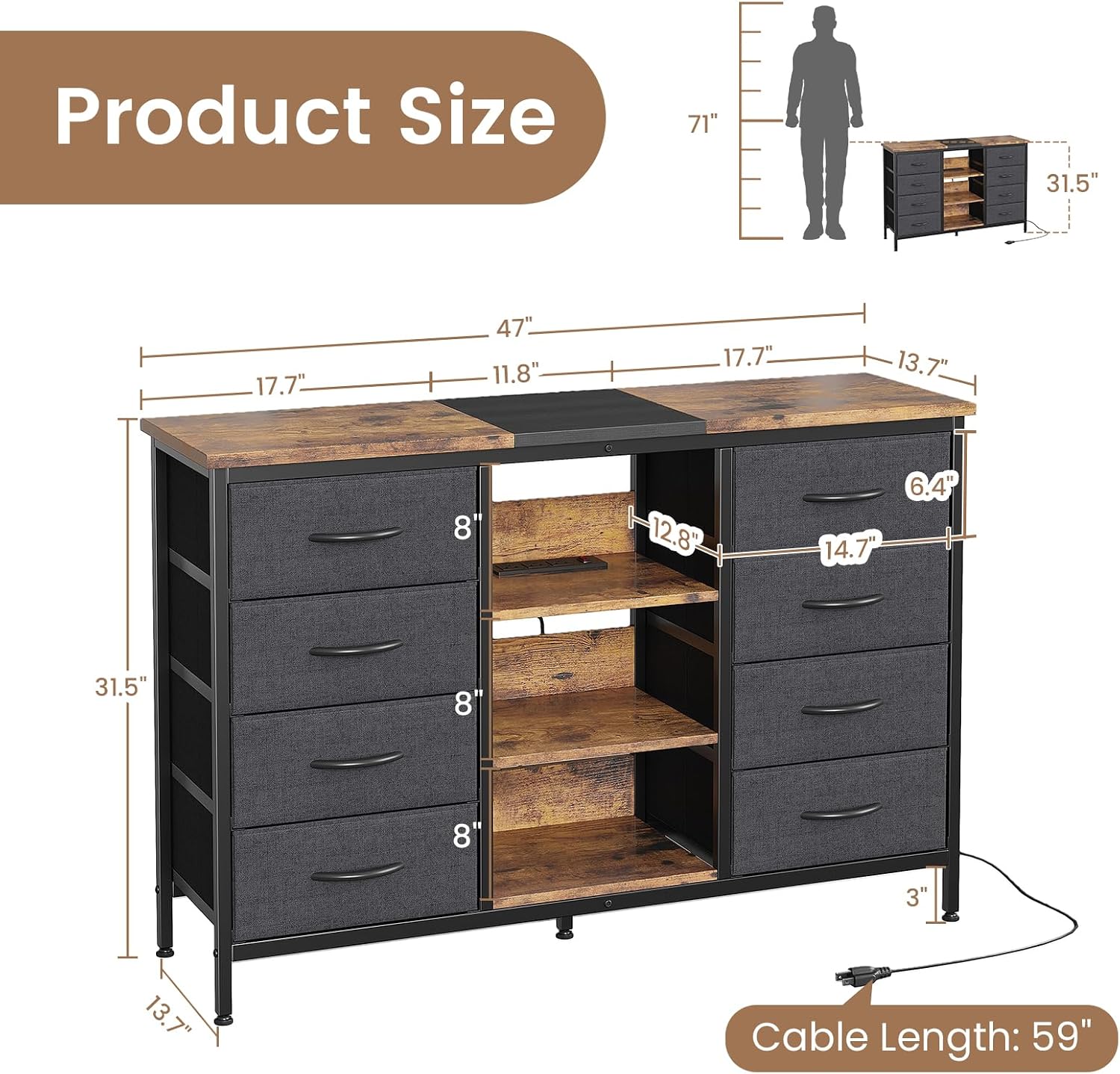 8 Drawer Dressers for Bedroom with Power Outlet, Wide Chest of Drawers TV Stand for 55 Inch TV, Dresser for Bedroom Furniture with Fabric Bins, Entertainment Center for Bedroom, Closet, Living Room