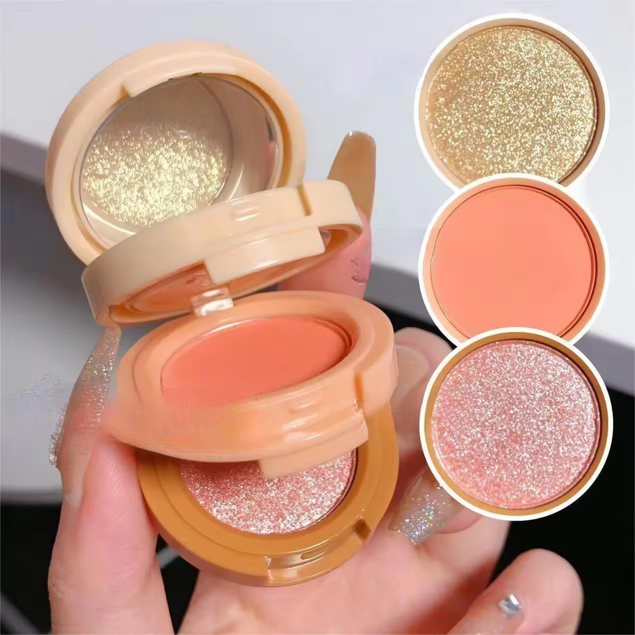 Blush and Highlighter Palette, 3 Shades, Shimmer Finish, Peach and Gold Tones, Compact Design-image-41