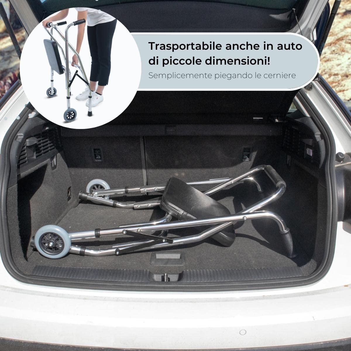 Mobiclinic®, Deambulatore per anziani, Compostela, Marchio europeo, 2 ruote, Pieghevole in alluminio, Leggero, Con seduta, Schienale imbottito, Regolabile altezza