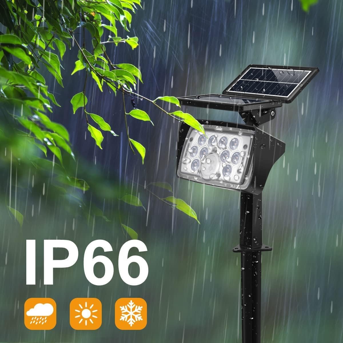 MEIKEE solar spotlight shown in a rainy environment, highlighting its IP66 waterproof rating.