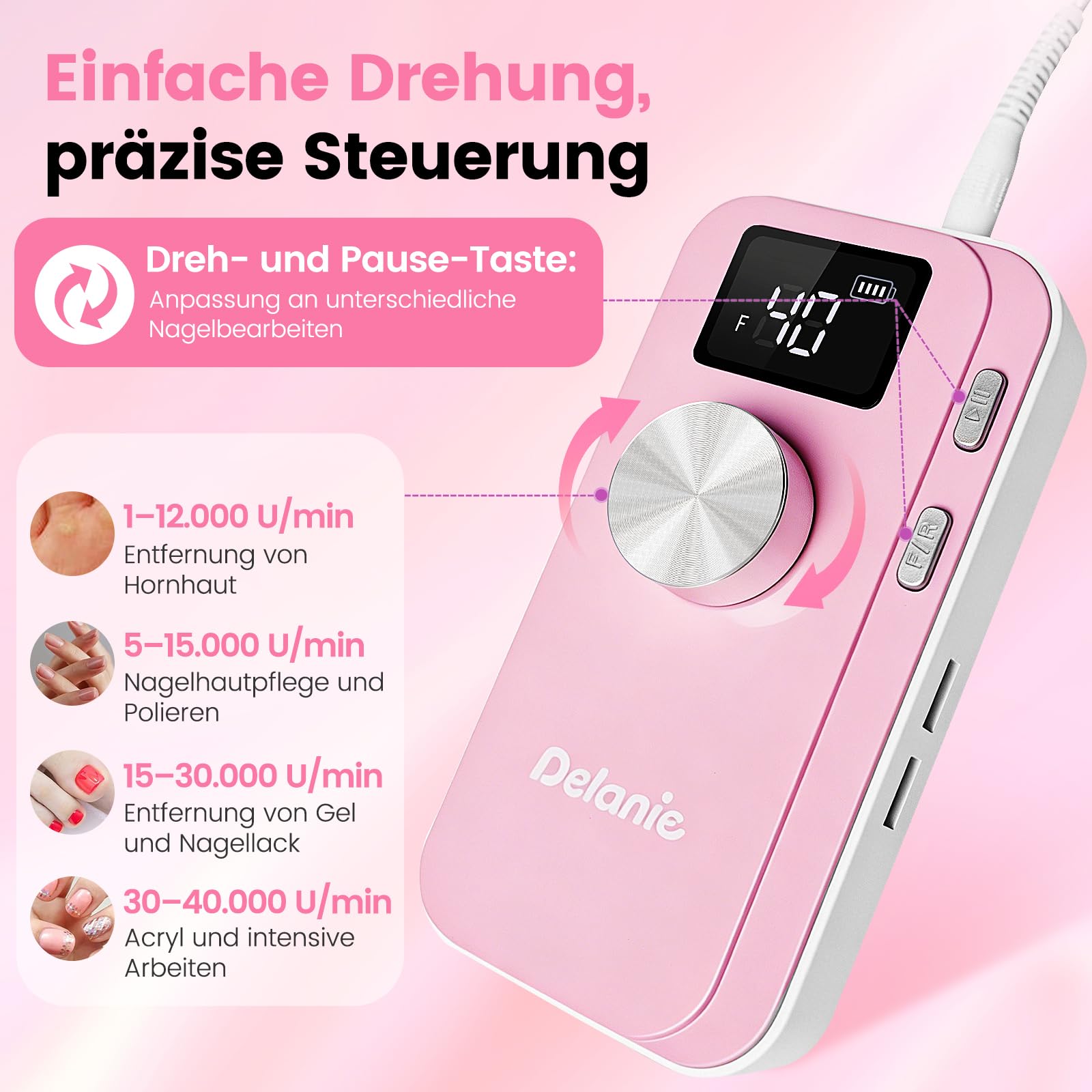 Delanie 40000 U/min elektrischer Nagelfräser für Gelnägel Acrylnägel, Rosa