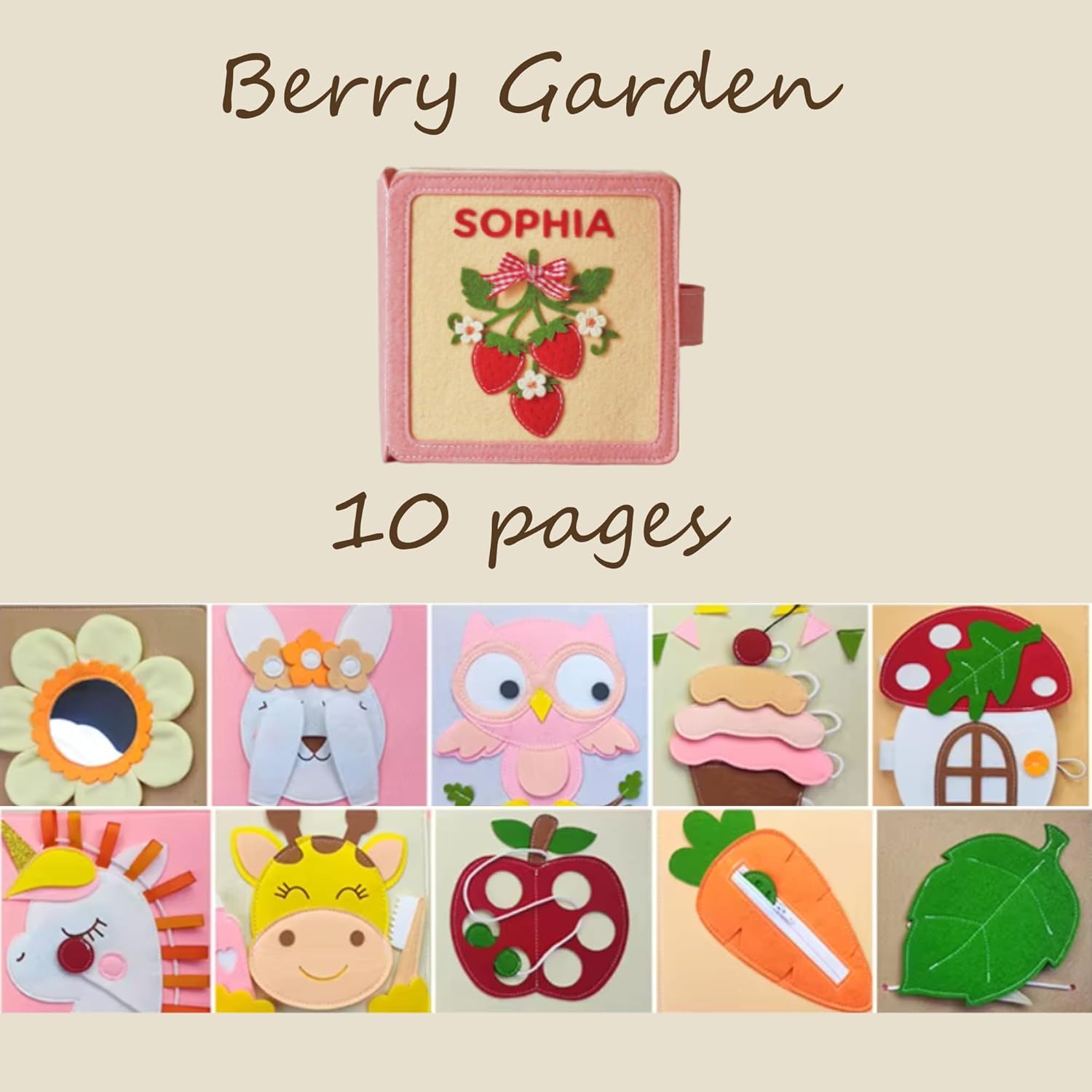 Personalized Busy Book for Toddlers – Custom Name Soft Activity Book – Montessori Sensory Toy, Quiet Book for Travel, First Birthday Gift for Boys & Girls (Berry Garden)