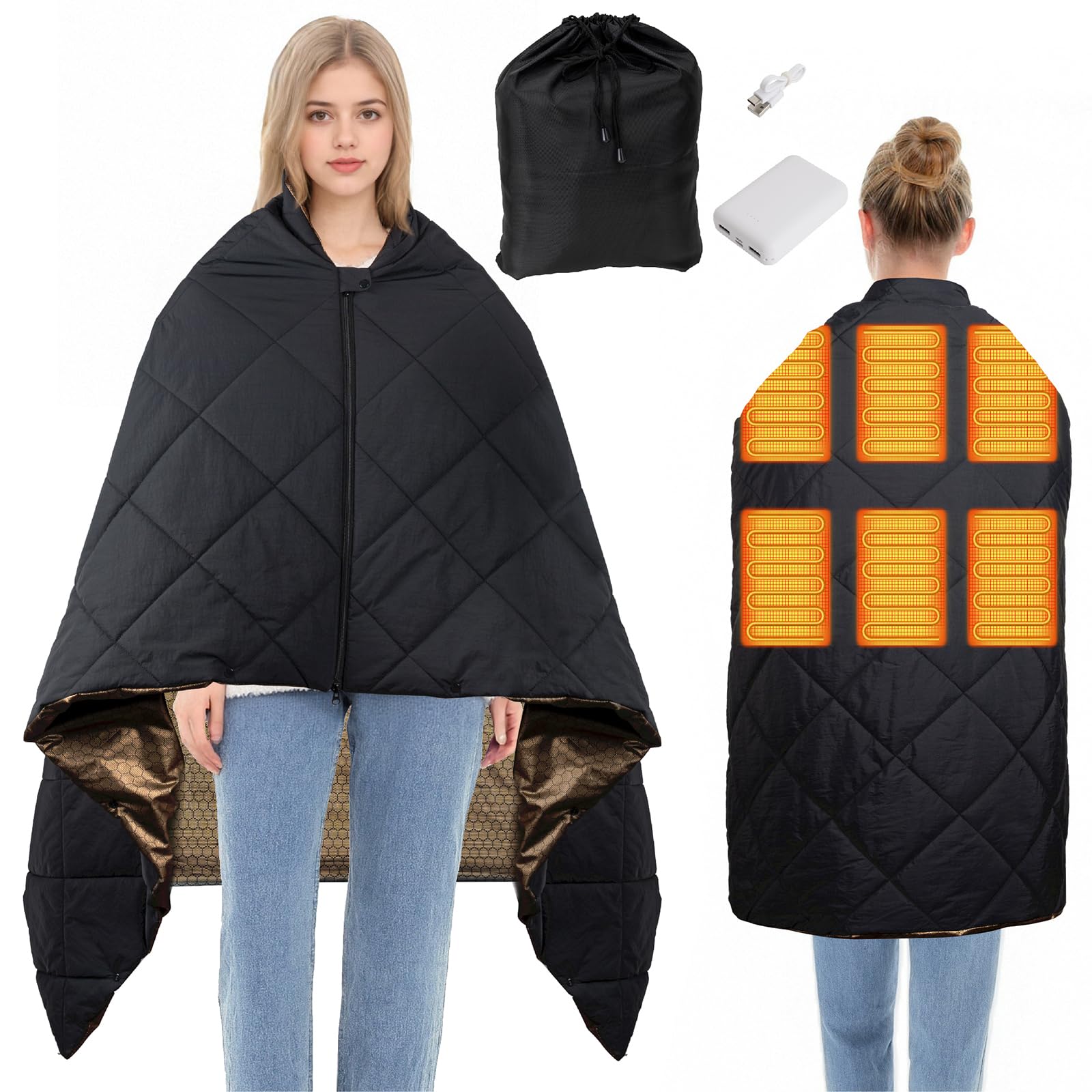 QOTOLY Heated Blanket Outdoors, Battery Operated Heated Throw with 10000mAh Power Bank, Cordless Wearable Electric Blanket & Shawl, 6-Zone Fast