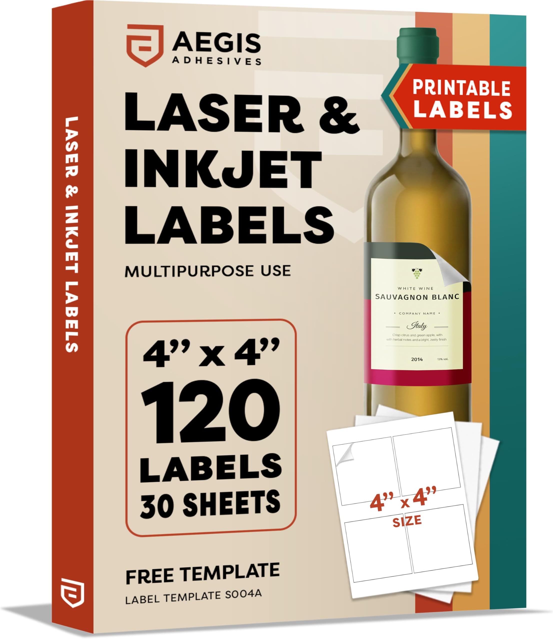 4" X 4" Square Printable Labels for Inkjet and Laser Printers - 30 Sheets, 120 Matte White Custom Stickers for Business Logos, QR Code Stickers, Product Labeling - Aegis Adhesives Template S004A