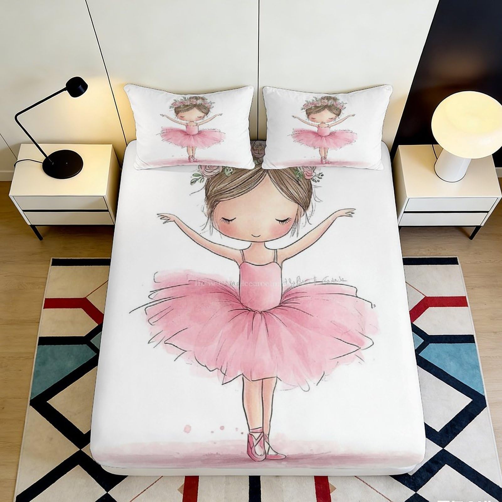 3D Printed Pink Ballet Dancer Fitted Sheet Microfiber Soft Breathable Girl Cartoon Bed Cover for Bedroom Guest Room Decor 90x200x25cm