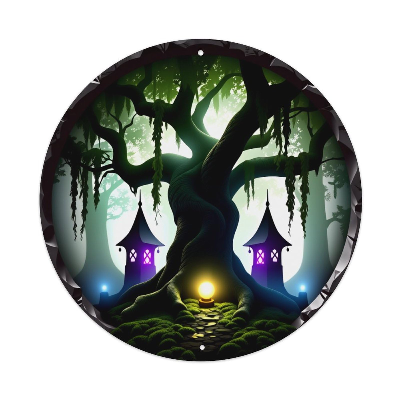 Wmlzdnwr Vintage Mystic Tree Lanterns Forest Path Glow Night Magic Round Tin Sign,Retro Wall Art,Metal Poster For Home, Bar, Garage, Cafe, Rustic Indoor & Outdoor Decor, 8X8 Inches