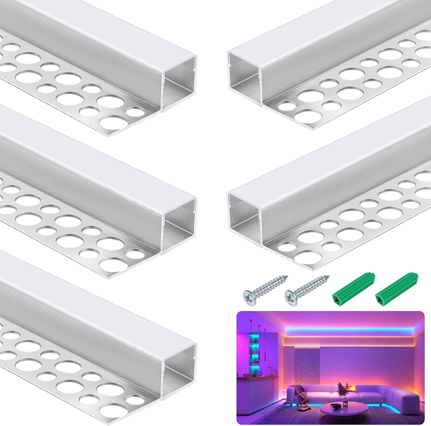 5 Pack Plaster-in Drywall LED Channel, 3.3FT/1M Trimless Recessed Aluminum Profile with Milky Cover, Mud-in LED Strip Diffuser for Ceiling, Wall & Strips Lighting (Light NOT Included)