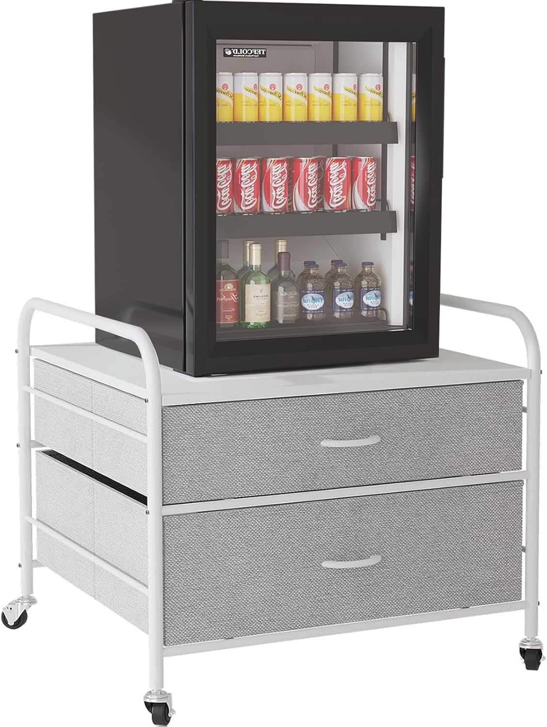 Mini Fridge Stand, Fridge Stand with Storage, 120LBS Mini Fridge Table with 4 Swivel Wheels, Fridge Cart with Large Drawer for Dorm, Home, Kitchen, Office,Iron Top (Black Fabric Drawer) White Large