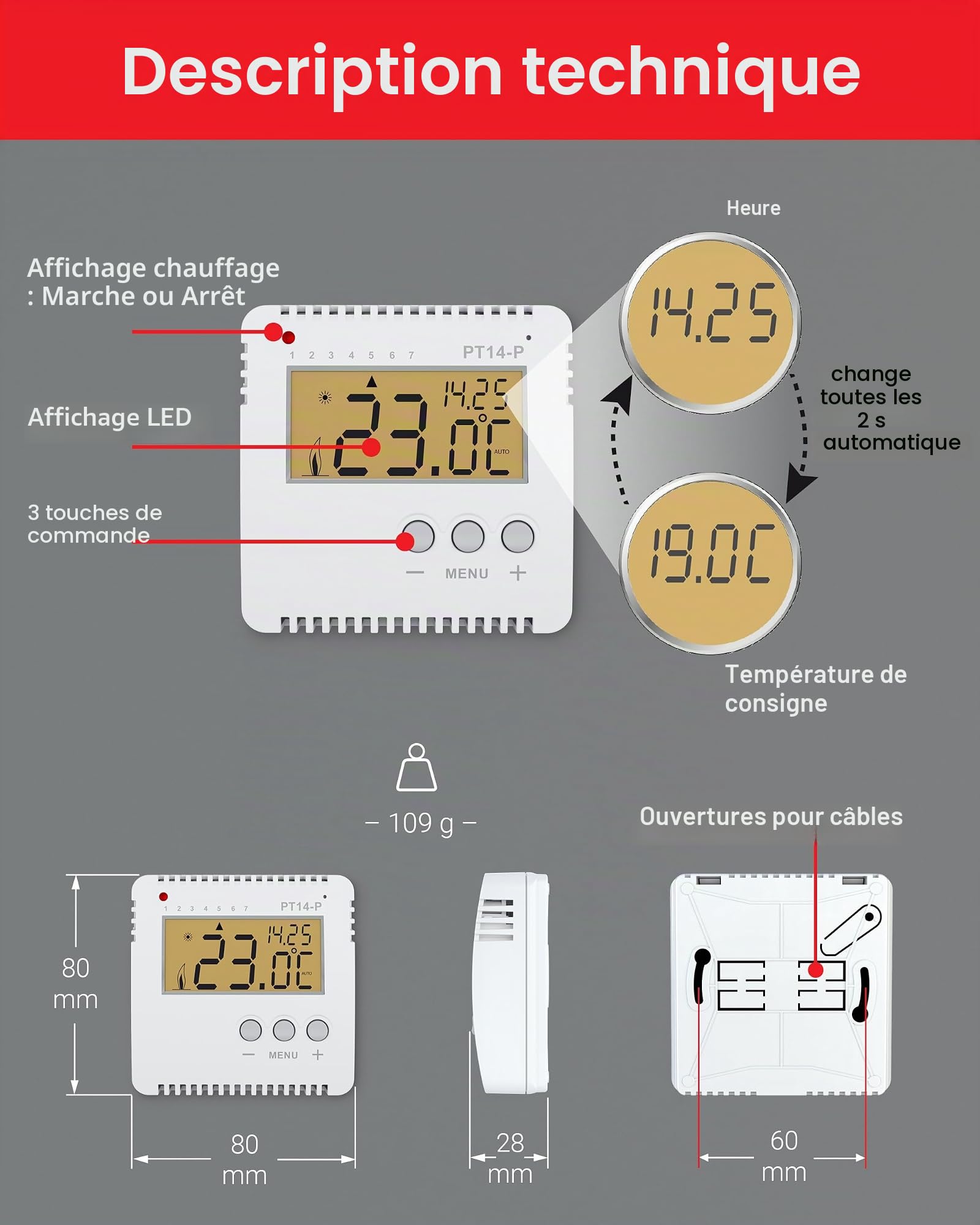 Zone Thermostat de PT14 P programmable pour chauffage électrique 16 A