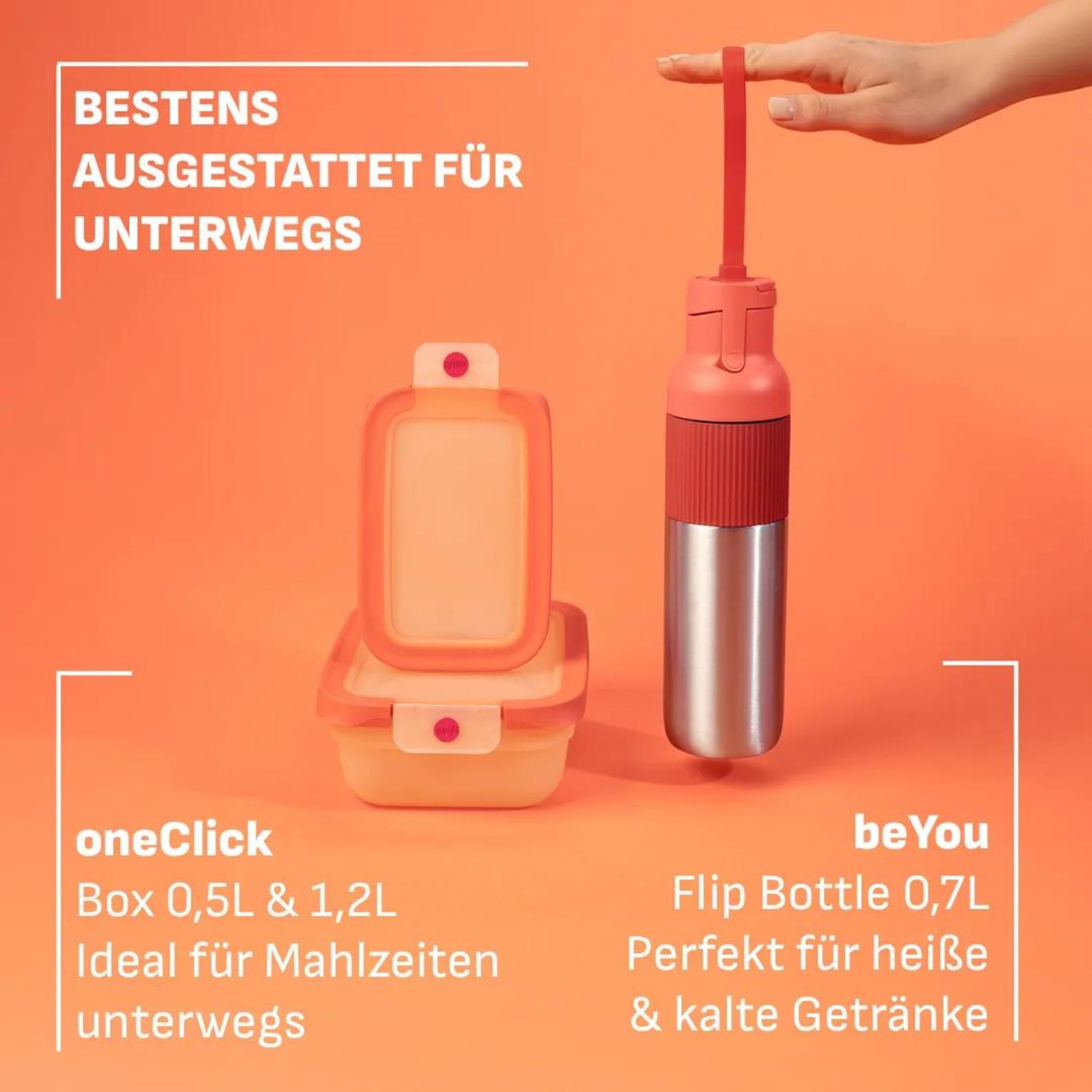 EMSA oneClick beYou, Travel Set, 100% Auslaufsicher, beYou Flip Bottle 0,7 L, Food Storage Container 0,5 L, 1,20 L, Orange, N3121550