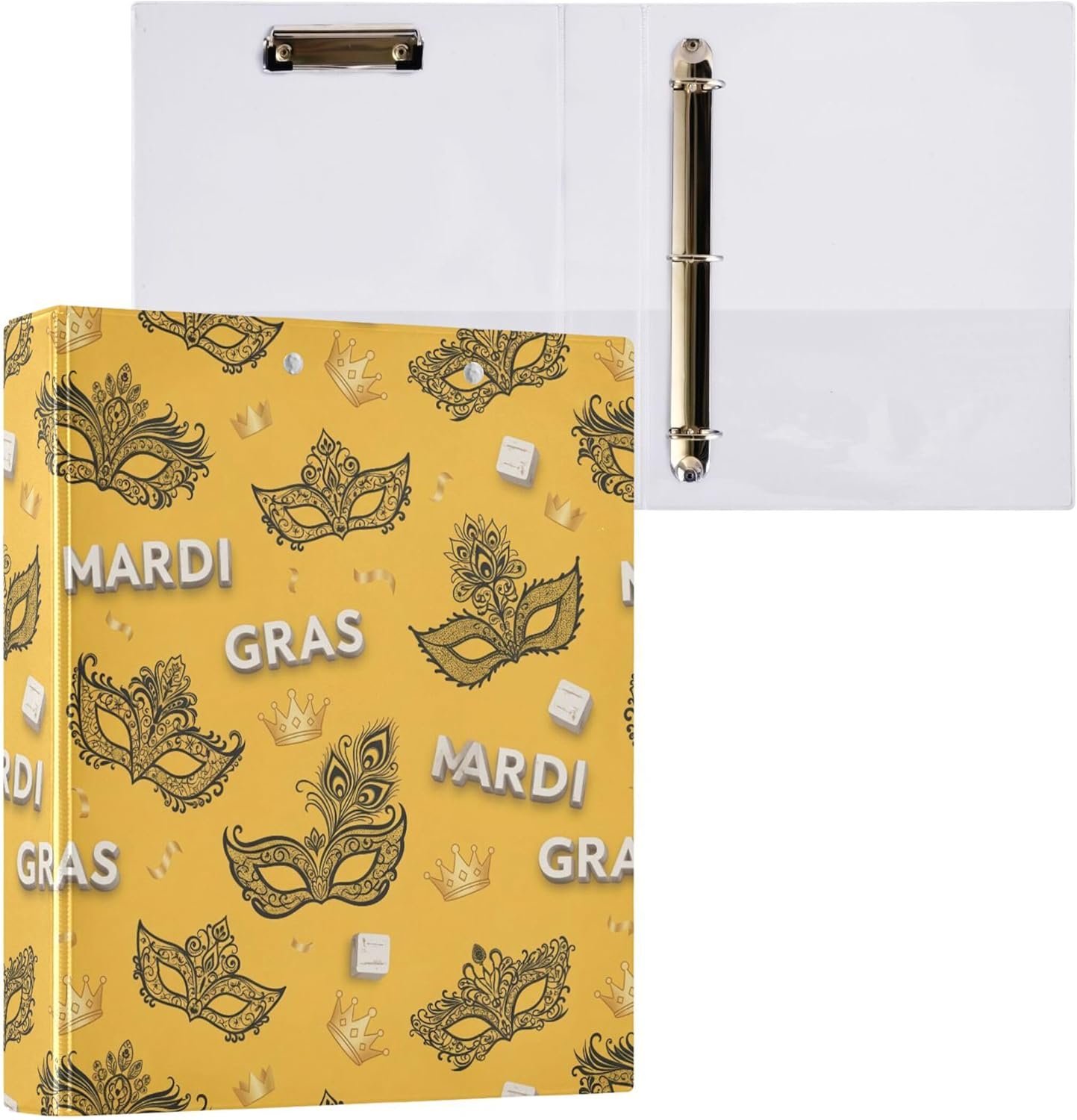 Mardi Gras Carnival Masks 3 Ring Binders, 1.5” Round Ring Binders with Clipboard - Letter Size, 3 Interior PVC Clear Pockets & Anti-Slip Clip for Office School Supplies, 2PCS