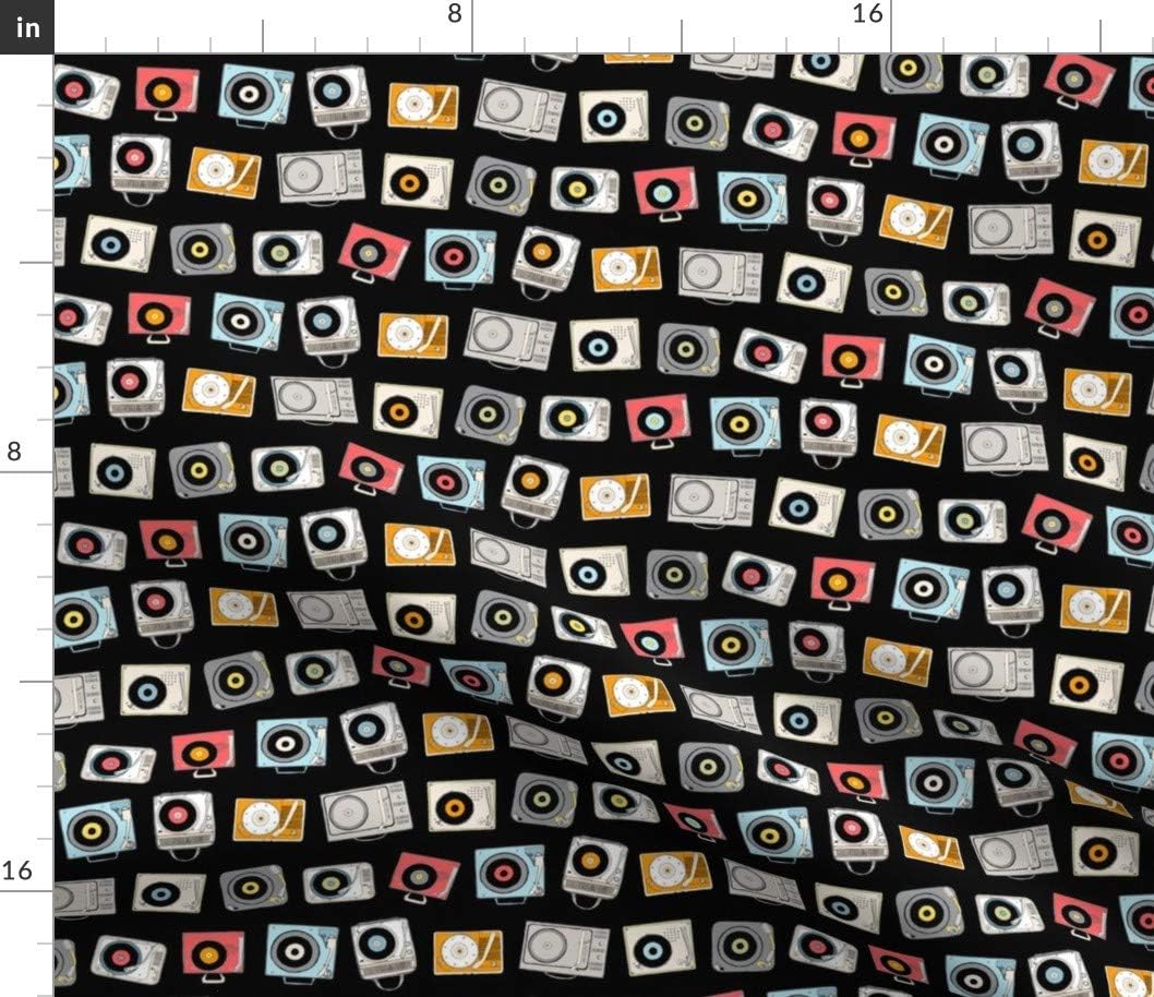 Spoonflower Fabric - Black Vintage Retro Player Records Music 1960S 1970S 1980S Geek Chic Printed on Petal Signature Cotton Fabric by The Yard - Sewing Quilting Apparel Crafts Decor