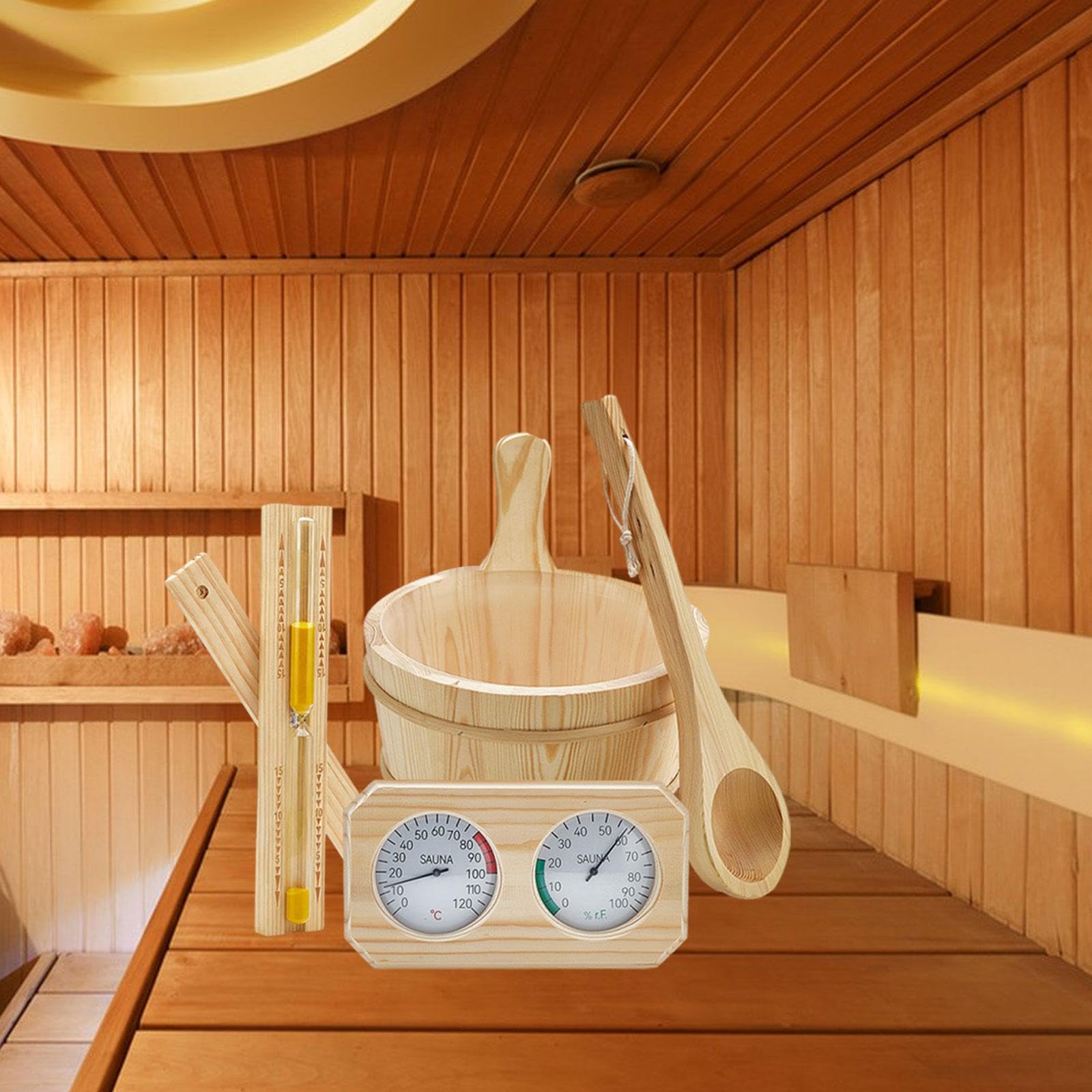 MagiDeal Kit Accessoires Sauna, Seau 4 L avec Poignée, Thermomètre Hygromètre, Louche, Sablier, Bois de Pin