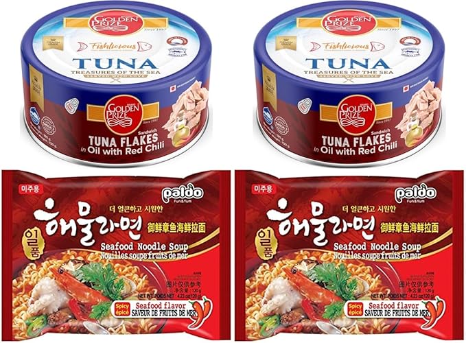 Golden Prize Tuna Sandwich Flakes in Oil with Red Chili 185Gms (2 Units) and Paldo Ilpoom Seafood Noodles 120 Gms (2 Units), Combo Pack, Pack of 4