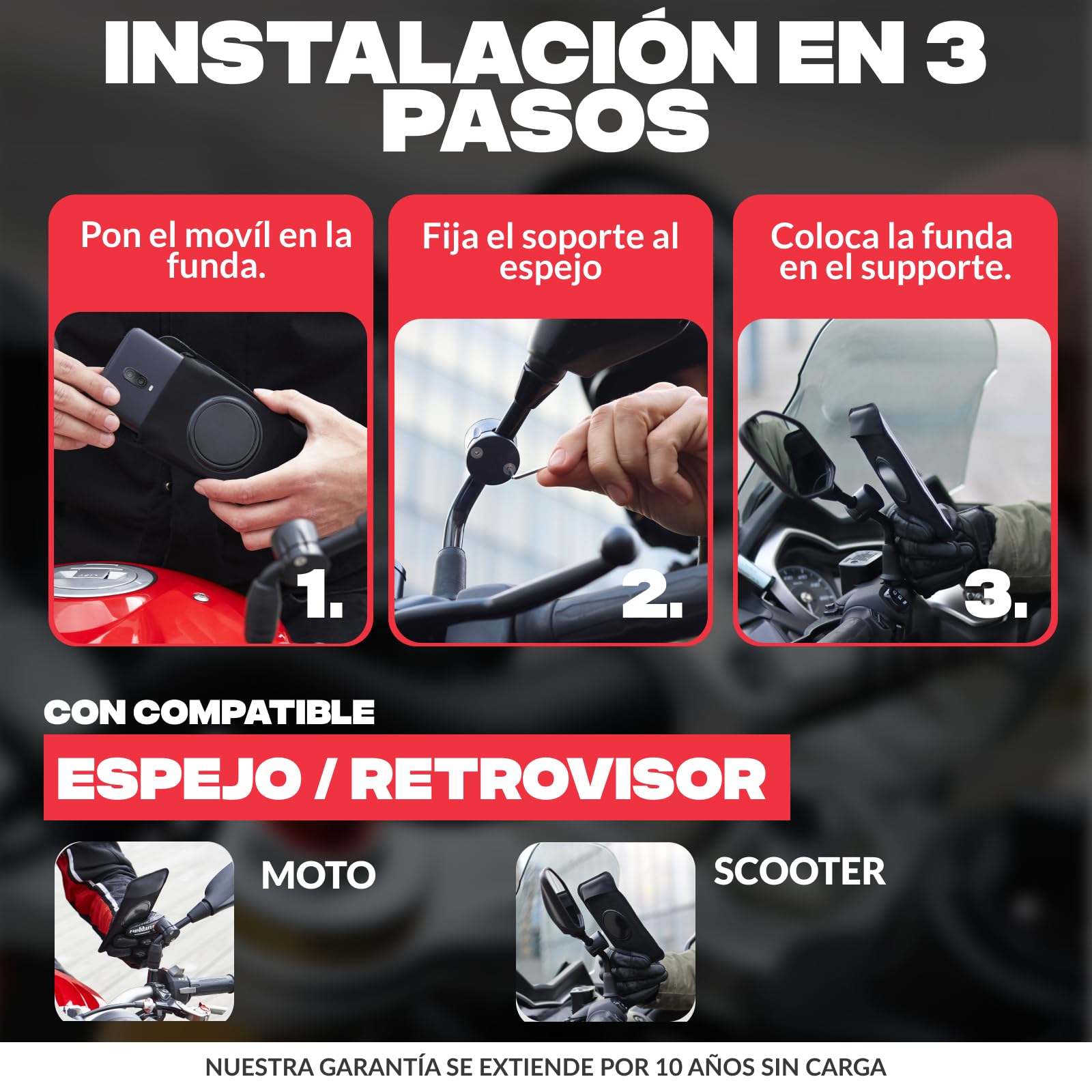Shapeheart Soporte Móvil Retrovisor Moto Magnético - Funda Impermeable Táctil XL - Fijación Atornillada Espejo Moto, Scooter - Carcasa Smartphone Lluvia - Sistema Estable Desmontable
