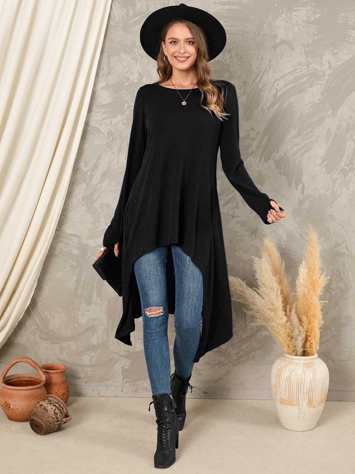 Zanzea Robe Pull en Maille Fine Oversize Femme Hiver Tunique Longue Grande Taille Robe Sweat Asymetrique, Noir, L