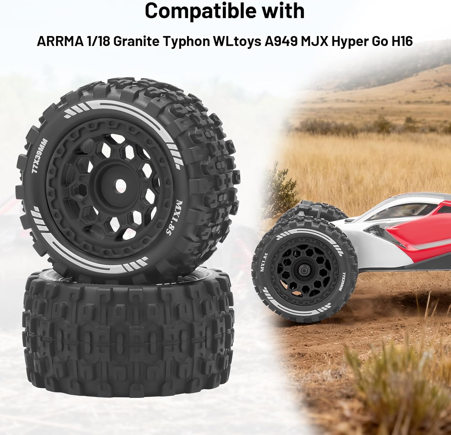 12mm Hex RC Car Tires and Wheels, daitoku 1/18 RC Truck Tires for 1/18 ARRMA Granite Typhon WLtoys A949 MJX Hyper Go H16 - Style B (Black)