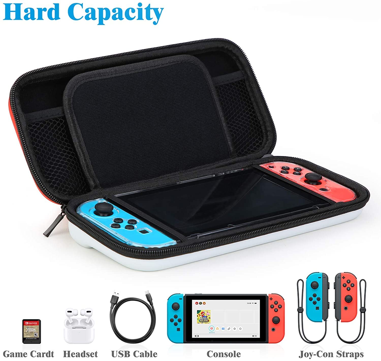 HEYSTOP Étui Compatible avec Nintendo Switch - Housse de Transport pour Switch - Protection d'écran HD Switch - Capuchons Compatible avec Accessoires de Console Nintendo Switch (Rouge/Blanc)