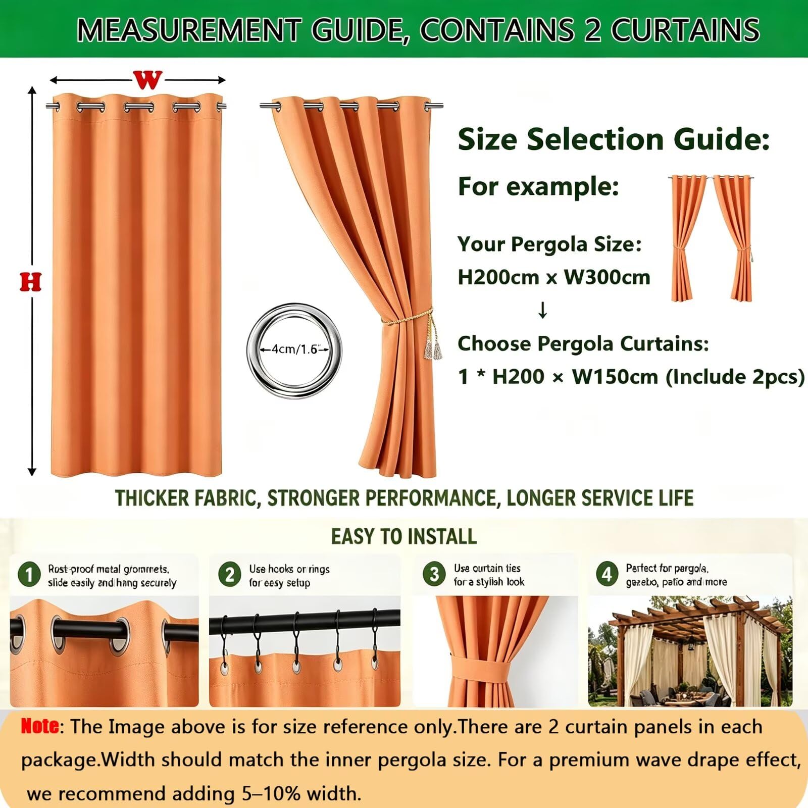 Rideaux pour balcon extérieur imperméables 2 panneaux H213 x L355cm orange