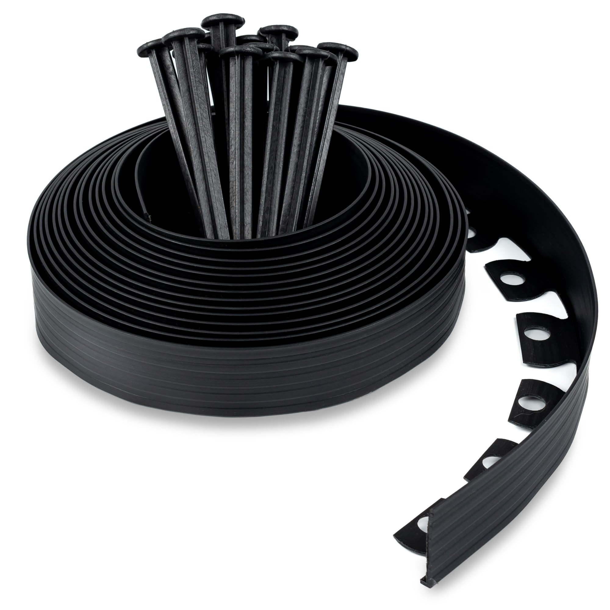 Flexible Lawn Edging 10 m with 30 Securing Pegs - Plastic Garden Edging Border - Easy Installation - Height 5 cm, Black