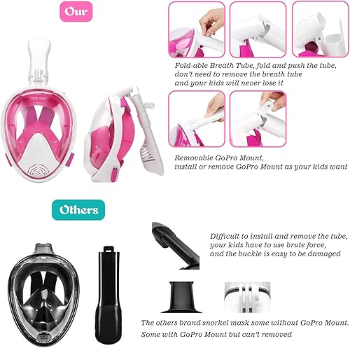 Miniatura 2 de Oumers Máscara de esnórquel de cara completa para niños, juego de máscara de esnórquel con vista panorámica de 180 grados con sistema de respiración