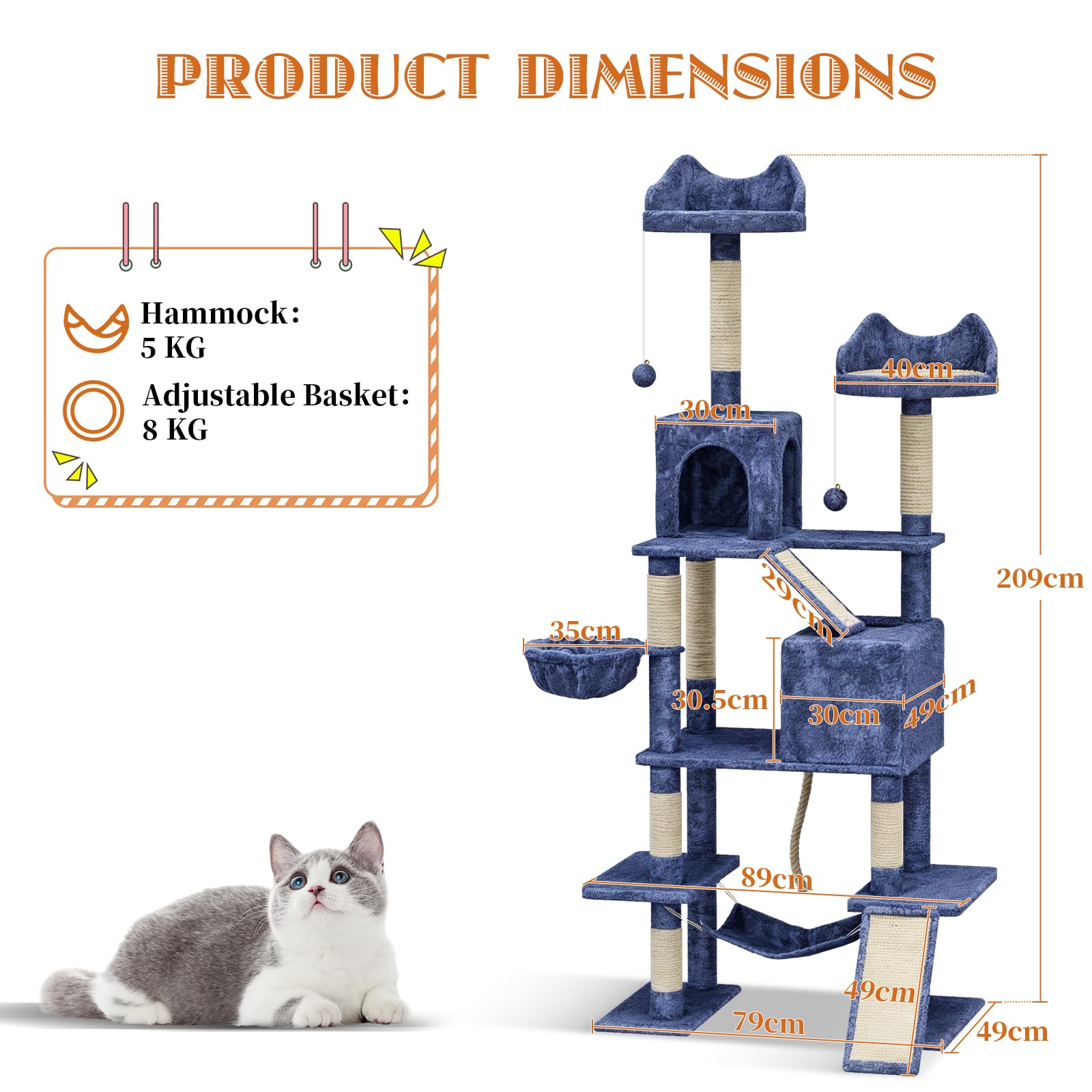 TRIUMPHKEY Alberi per Gatti,209cm Grande Alberi Tiragraffi con Cuccia per Gatti,Tiragraffi Gatto Stabile Multilivello,Alberi per Attività per Gatti con Palo in Sisal, Amaca (blu chiaro)