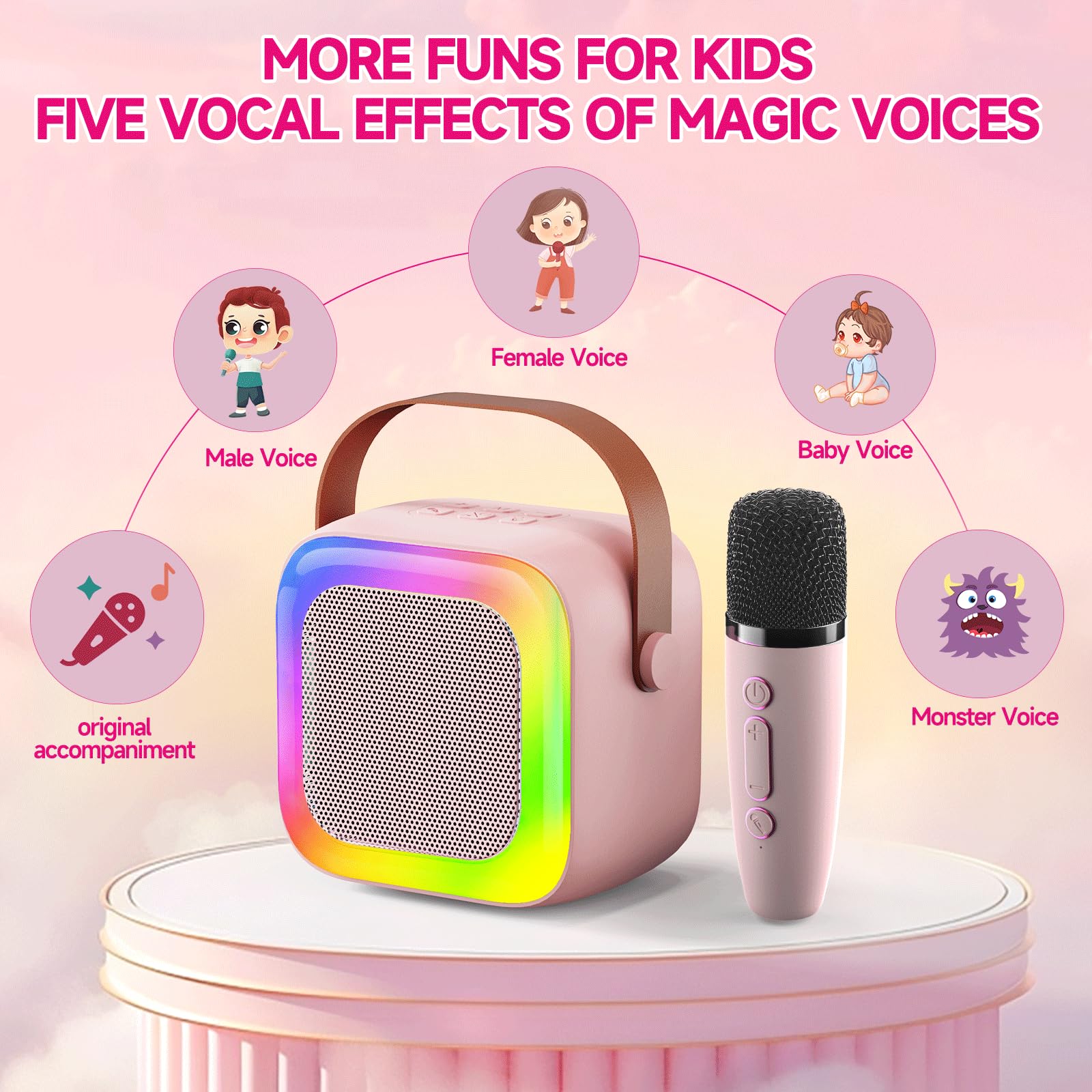 Altavoz inalámbrico para máquina de karaoke, mini karaoke para niños de 3 a 5 años, niñas y niños con micrófono integrado para cantar, máquina de karaoke para niños, micrófono pequeño y 2