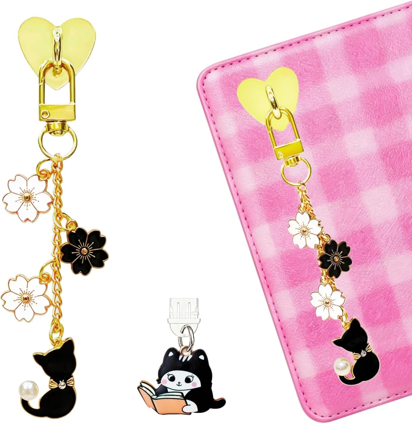 Charm Chain for Kindle, E-Reader Charms Chain with Cat Dust Plug Type C Cat Cherry Blossom Decor Compatible with Kindle and Phone Keychain Decorating Accessories Bookish Gifts