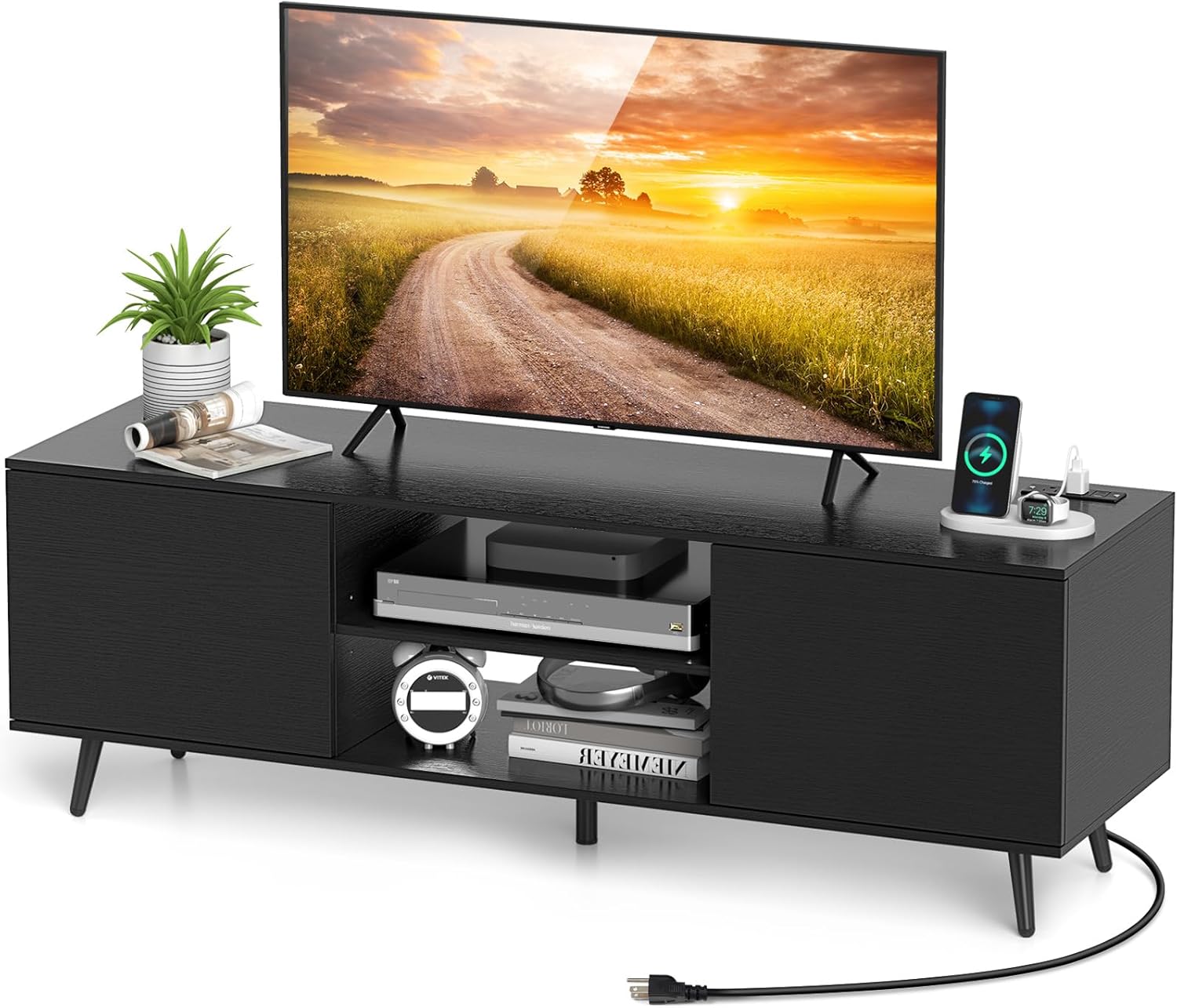 Tangkula TV Stand for 60" TVs, Entertainment Center w/Power Outlets, Mid Century Modern Media TV Console Table w/Adjustable Shelf, 2 Cabinets & Metal Support Legs for Living Room (Black)