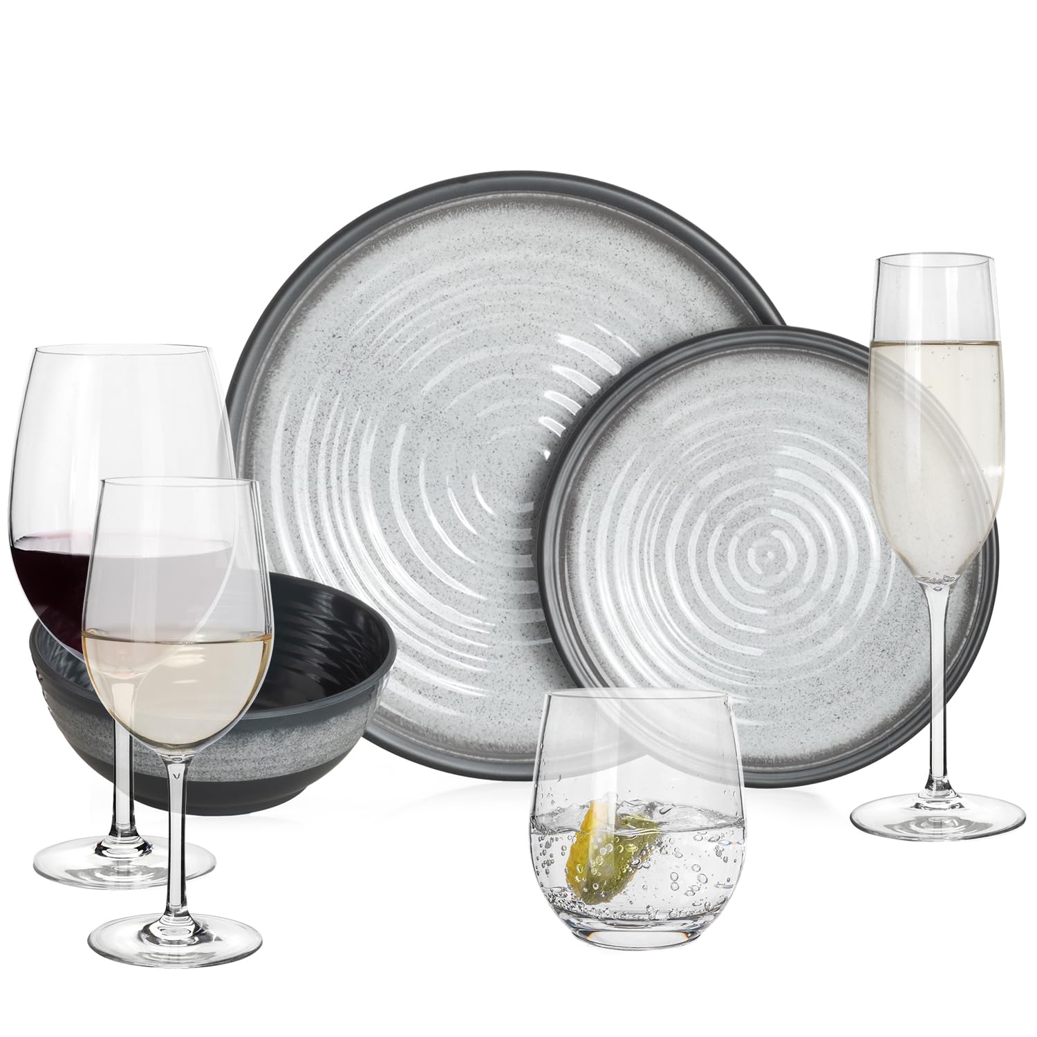 Melamina zestaw naczyń kempingowych dla 4 osób, Stone Grey + 16 szklanek Timo, kieliszki do wody, kieliszki do wina, szampana, zastawa stołowa, piknik, grill, naczynia do gotowania