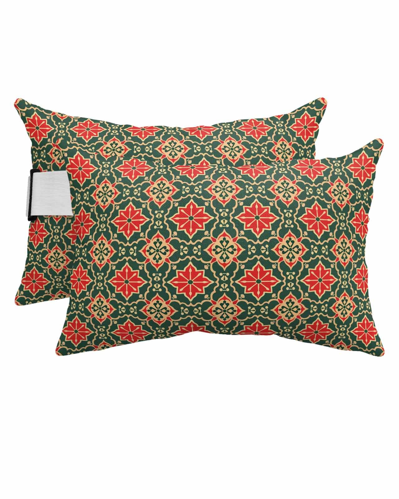 HERBED Outdoor Pillows Covers with Inserts Morocco Red and Green Geometric Floral Waterproof Pillow with Adjustable Strap Throw Pillows for Patio Furniture Pool Lounge Chair, 12x20 Inch, 2PCS