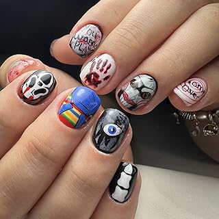 Halloween Short Press on Nails Square Fake Nails Scary Movie Characters Bloody Halloween Glue on Nails False Nails with Designs Holiday Halloween Manicure Art Decorations for Women 24Pcs