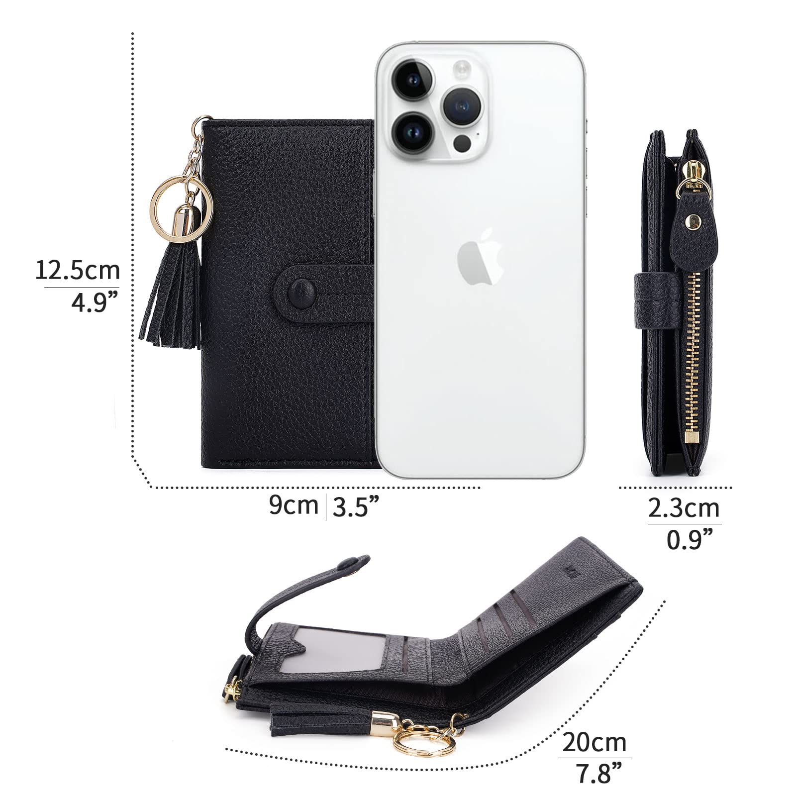 HKCLUF Portafoglio Piccolo da Donna, Porta Carte Blocco RFID Portamonete Pelle con Nappa Portafogli Cerniera Molti Scomparti(B01-Nero)