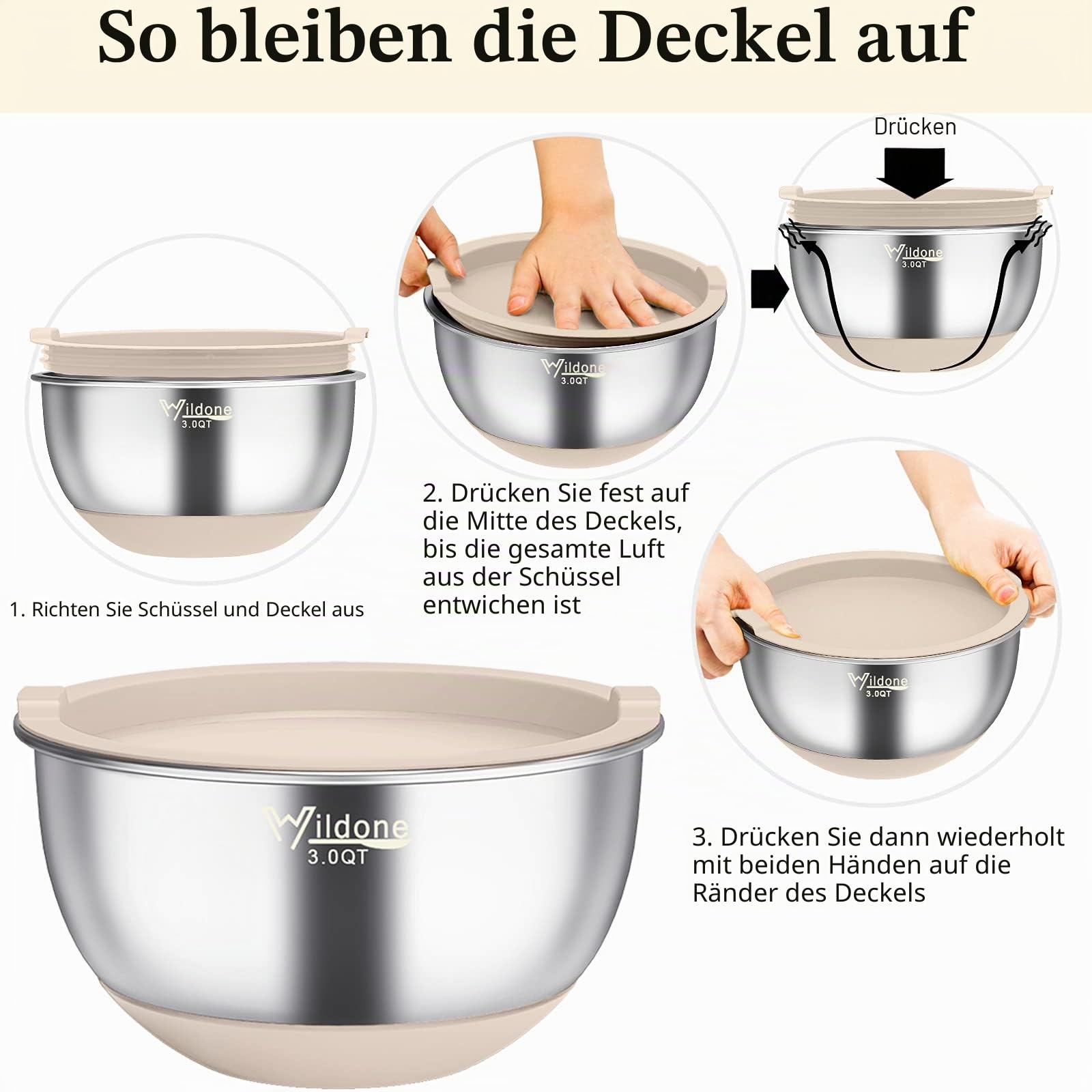 Wildone Rührschüsseln mit luftdichten Deckeln, 22 Stück Edelstahl-Metallschüsseln, 3 Reiben, Messmarkierungen und rutschfeste Unterseite, 0.63 QT, ideal zum Mixen und Servieren (Khaki)