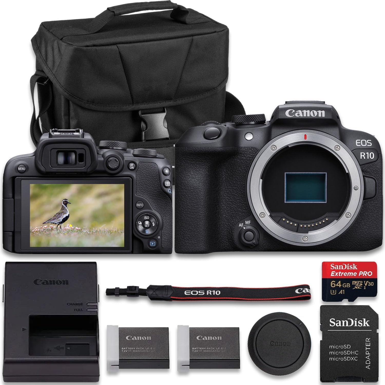 Canon EOS R10 Mirrorless Camera with Extra LP-E17 Lithium-Ion Battery + SanDisk Extreme Pro 64GB + Camera Carrying Case (11pc Bundle)