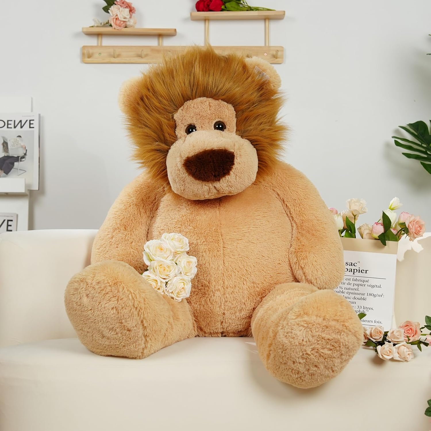 Tezituor 4.3ft Giant Fat Lion Stuffed Animal, 51.2 inch Large Stuffed Lion Plushies Toy Hugging Soft Theme Body Pillow for Boys Girls Birthday Party Gift Decora