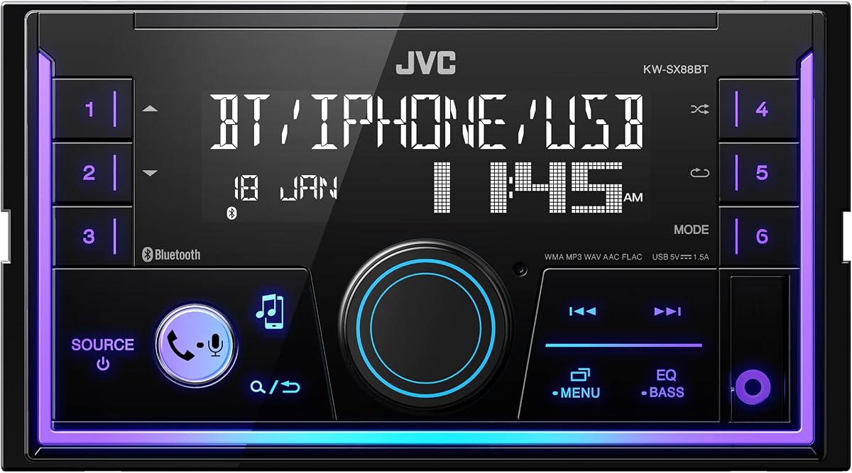 KW-SX88BT Estéreo para automóvil Bluetooth de doble DIN, receptor estéreo digital de 200 W, radio AM/FM, conexión telefónica dual, ecualizador de 13 bandas, entradas USB y AUX de 1,5 A, iluminación de color personalizada, chasis poco profundo